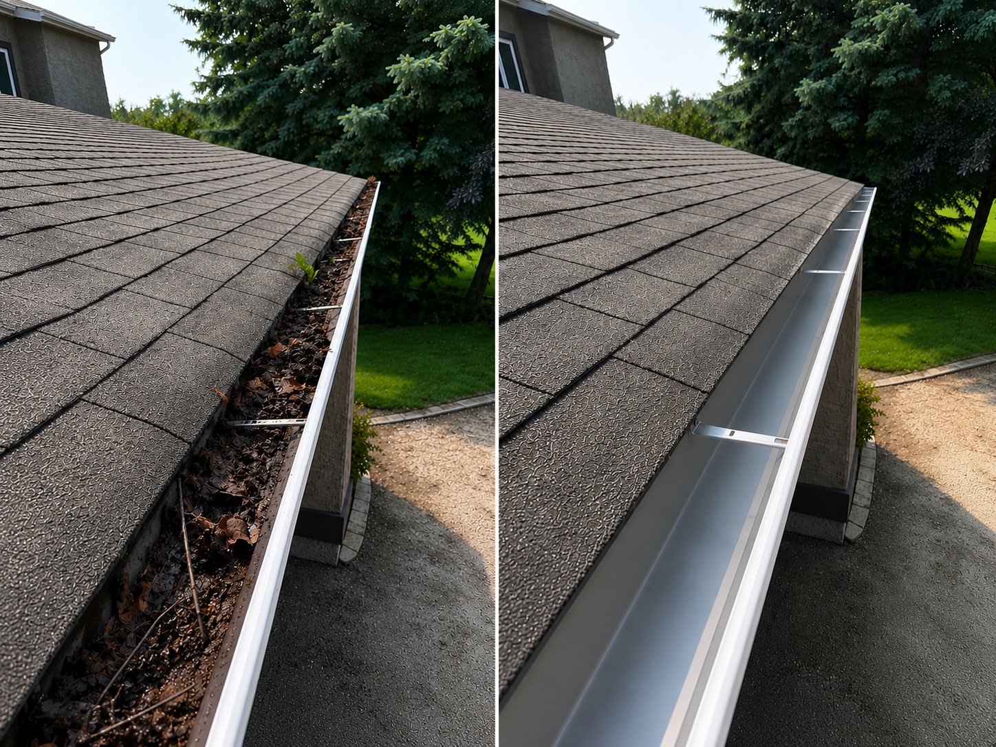 Before and after gutter cleaning comparison